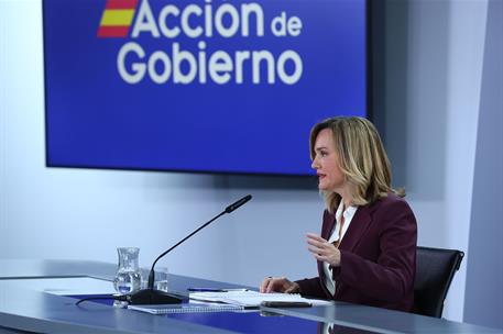 11/11/2025. Rueda de prensa tras el Consejo de Ministros: Pilar Alegría. La ministra de Educación, Formación Profesional y Deportes, y porta...