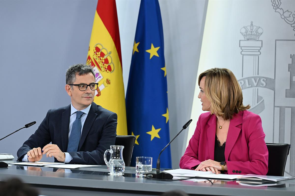 13/05/2025. Rueda de prensa tras el Consejo de Ministros: Félix Bolaños y Pilar Alegría. El ministro de la Presidencia, Justicia y Relacione...
