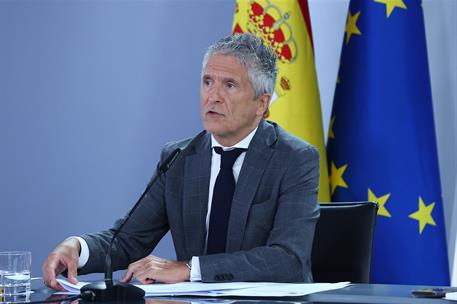26/08/2025. Rueda de prensa tras el Consejo de Ministros: Fernando Grande-Marlaska. El ministro del Interior, Fernando Grande-Marlaska, dura...