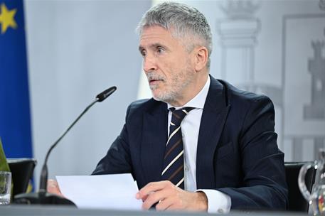 27/05/2025. Rueda de prensa tras el Consejo de Ministros: Pablo Bustinduy, Pilar Alegría, Fernando Grande-Marlaska y Elma Saiz. El ministro ...
