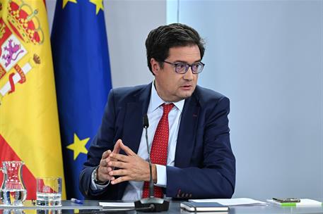 29/07/2025. Rueda de prensa tras el Consejo de Ministros: Oscar Puente, Pilar Alegría, Yolanda Díaz y Óscar López. El ministro para la Trans...