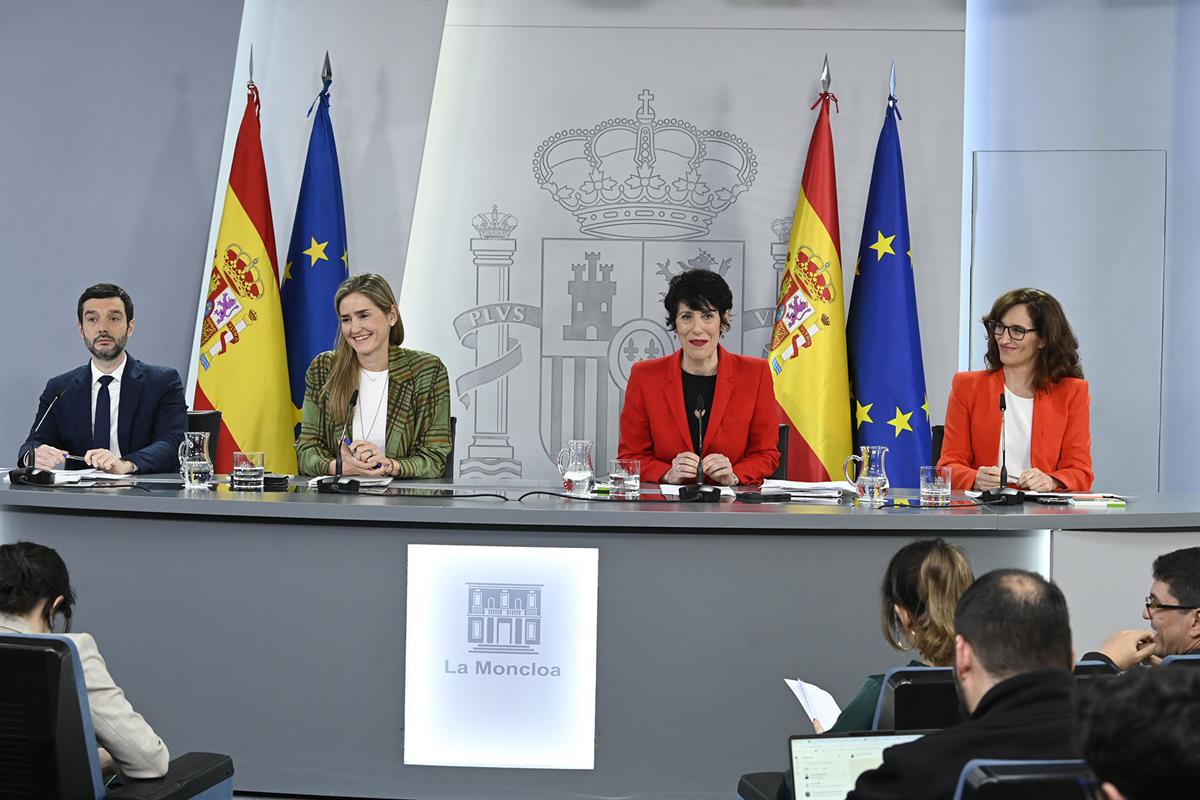 10/02/2026. Press conference after the Council of Ministers. Pablo Bustinduy with Sara Aagesen, Elma Saiz, and Mónica García at the press co...