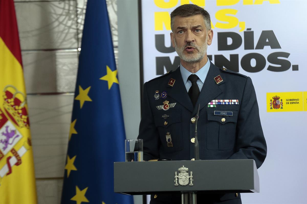 3/04/2020. Rueda de prensa tras la reunión del Comité Técnico. Intervención del general de brigada, Carlos Pérez Martínez, representante del...