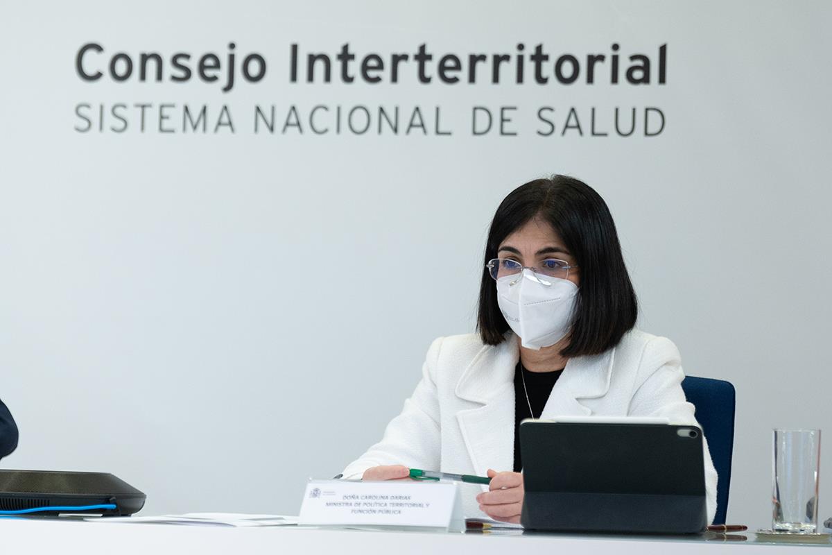 4/01/2021. Reunión del Consejo Interterritorial de Salud. La ministra de Política Territorial y Función Pública, Carolina Darias,durante la ...