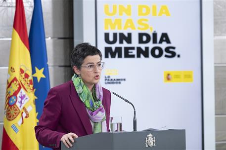 4/04/2020. Rueda de prensa de los ministros de Sanidad y de Asuntos Exteriores, Unión Europea y Cooperación. Intervención de la ministra de ...