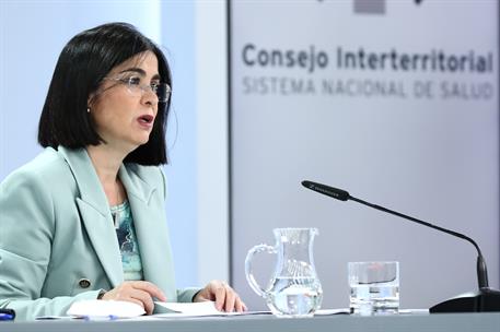 9/06/2021. Reunión del Consejo Interterritorial del Sistema Nacional de Salud. La ministra de Sanidad, Carolina Darias, durante la rueda de ...