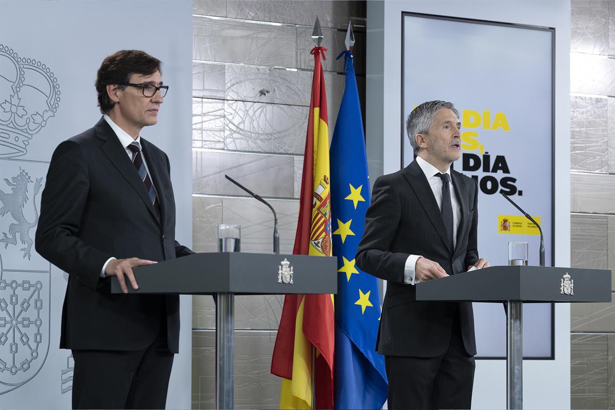11/04/2020. Rueda de prensa telemática de los ministros Illa y Grande-Marlaska. Los ministros de Sanidad, Salvador Illa, y del Interior, Fer...