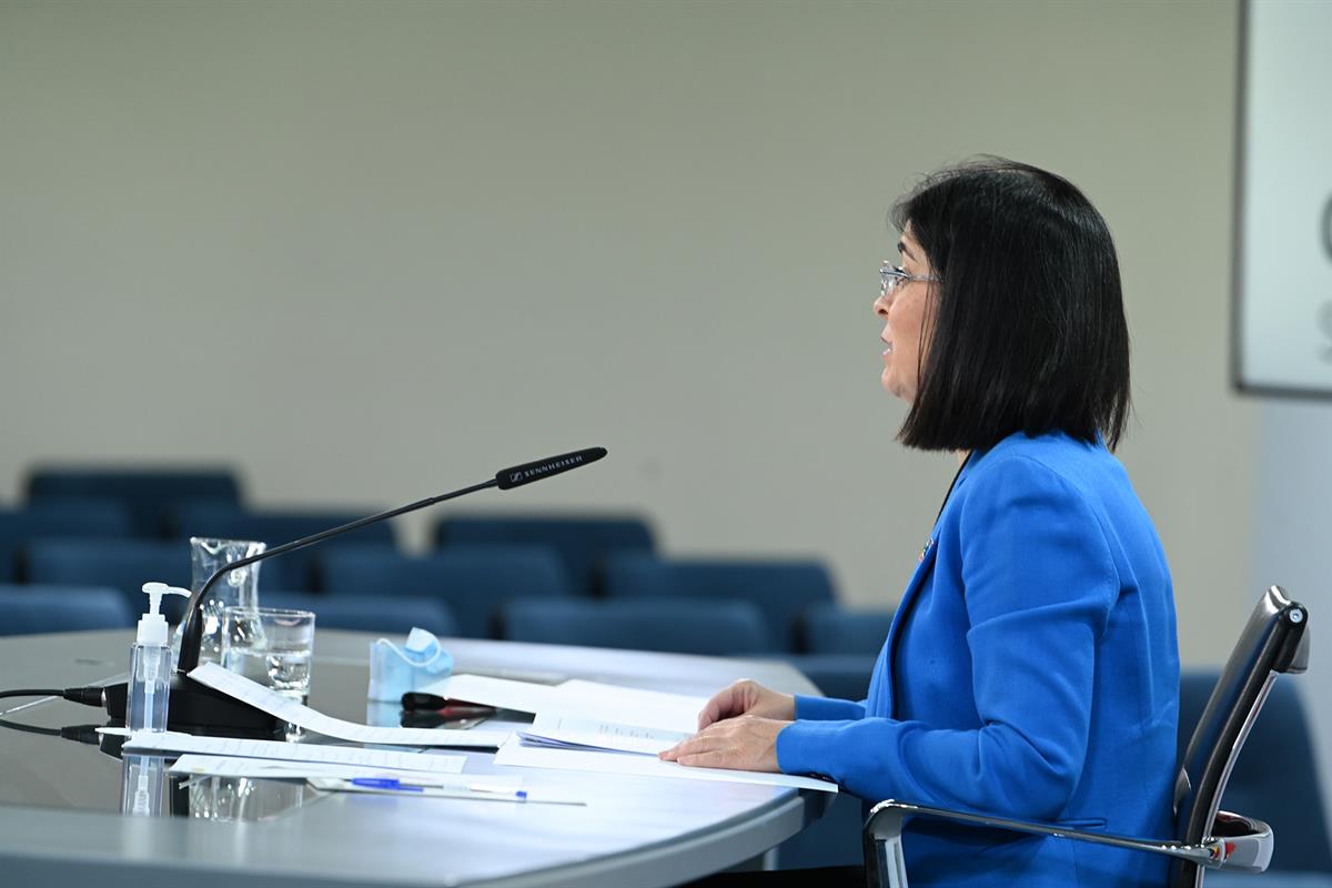 17/02/2021. Rueda de prensa de la ministra Carolina Darias. La ministra de Sanidad, Carolina Darias, durante la rueda de prensa ofrecida al ...