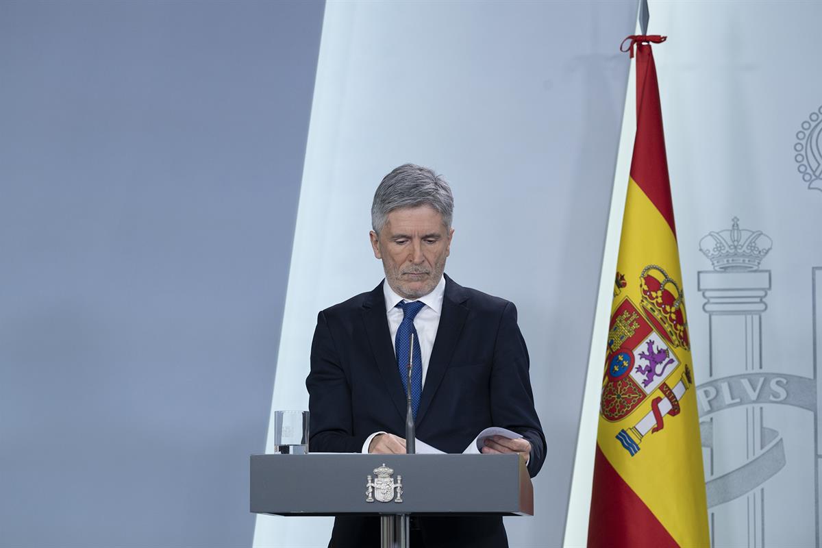 20/03/2020. Conferencia de prensa de los ministros del Interior y de Justicia. El ministro del Interior, Fernando Grande-Marlaska, durante l...