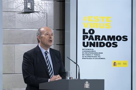 20/03/2020. Conferencia de prensa de los ministros del Interior y de Justicia. El ministro de Justicia, Juan Carlos Campo, durante la rueda ...