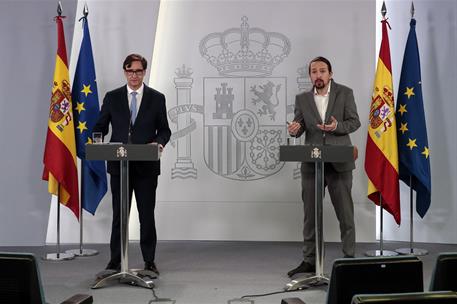 23/04/2020. Rueda de prensa de Pablo Iglesias y Salvador Illa. El vicepresidente segundo y ministro de Derechos Sociales y Agenda 2030, Pabl...