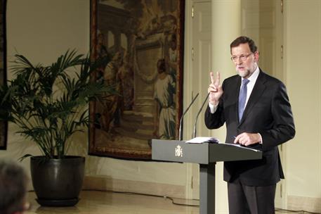 26/12/2014. Mariano Rajoy hace balance de tres años de gobierno. Intervención en La Moncloa del presidente del Gobierno, Mariano Rajoy, para...
