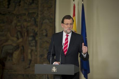 2/02/2015. Firma del acuerdo contra el terrorismo. El presidente del Gobierno, Mariano Rajoy, en un momento de su intervención tras la firma...