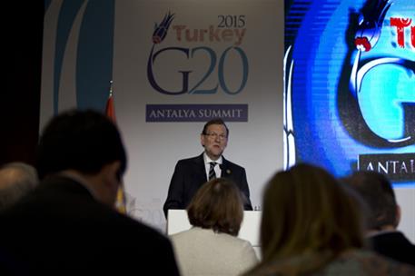 16/11/2015. Rajoy participa en la Cumbre de líderes de G-20. Segunda jornada. El presidente del Gobierno, Mariano Rajoy, durante la Conferen...