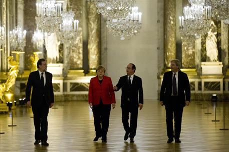 6/03/2017. Rajoy se reúne en Versalles con Hollande, Merkel y Gentiloni. El presidente del Gobierno, Mariano Rajoy, el presidente de la Repú...