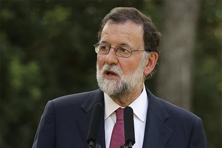 7/08/2017. El presidente del Gobierno recibido por SM el Rey en Miravent. El presidente del Gobierno, Mariano Rajoy, durante la rueda de pre...