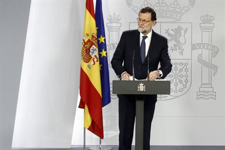 11/10/2017. Declaración del presidente del Gobierno. El presidente del Gobierno, Mariano Rajoy, durante su comparecencia ante los medios, tr...