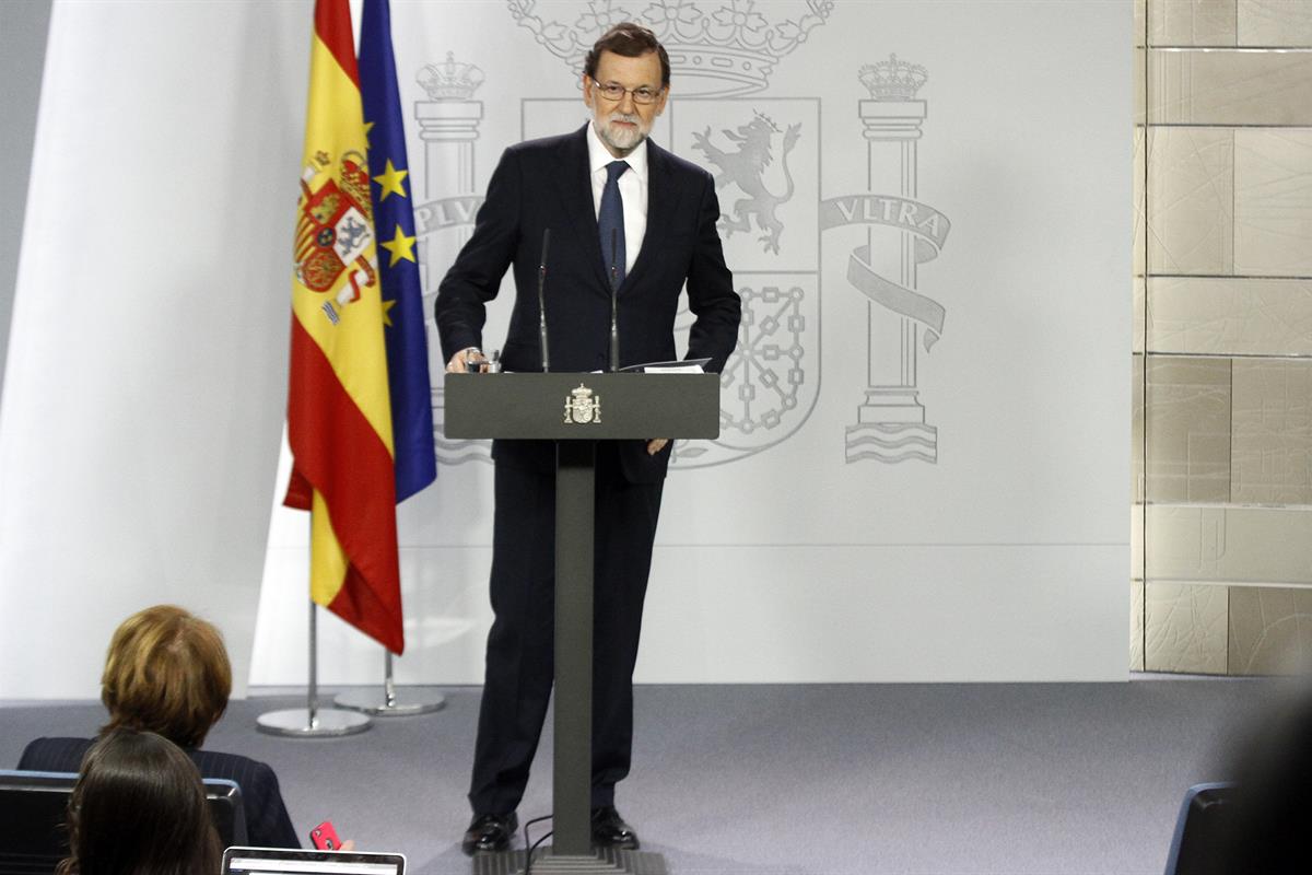 11/10/2017. Declaración del presidente del Gobierno. El presidente del Gobierno, Mariano Rajoy, durante su comparecencia ante los medios, tr...