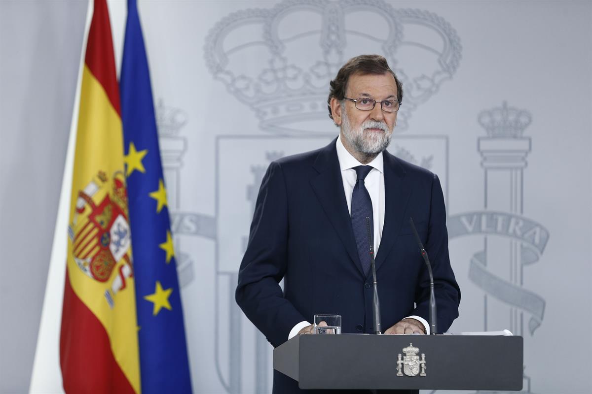 20/09/2017. Comparecencia de Mariano Rajoy. El presidente del Gobierno, Mariano Rajoy, durante su comparecencia en la Moncloa a propósito de...