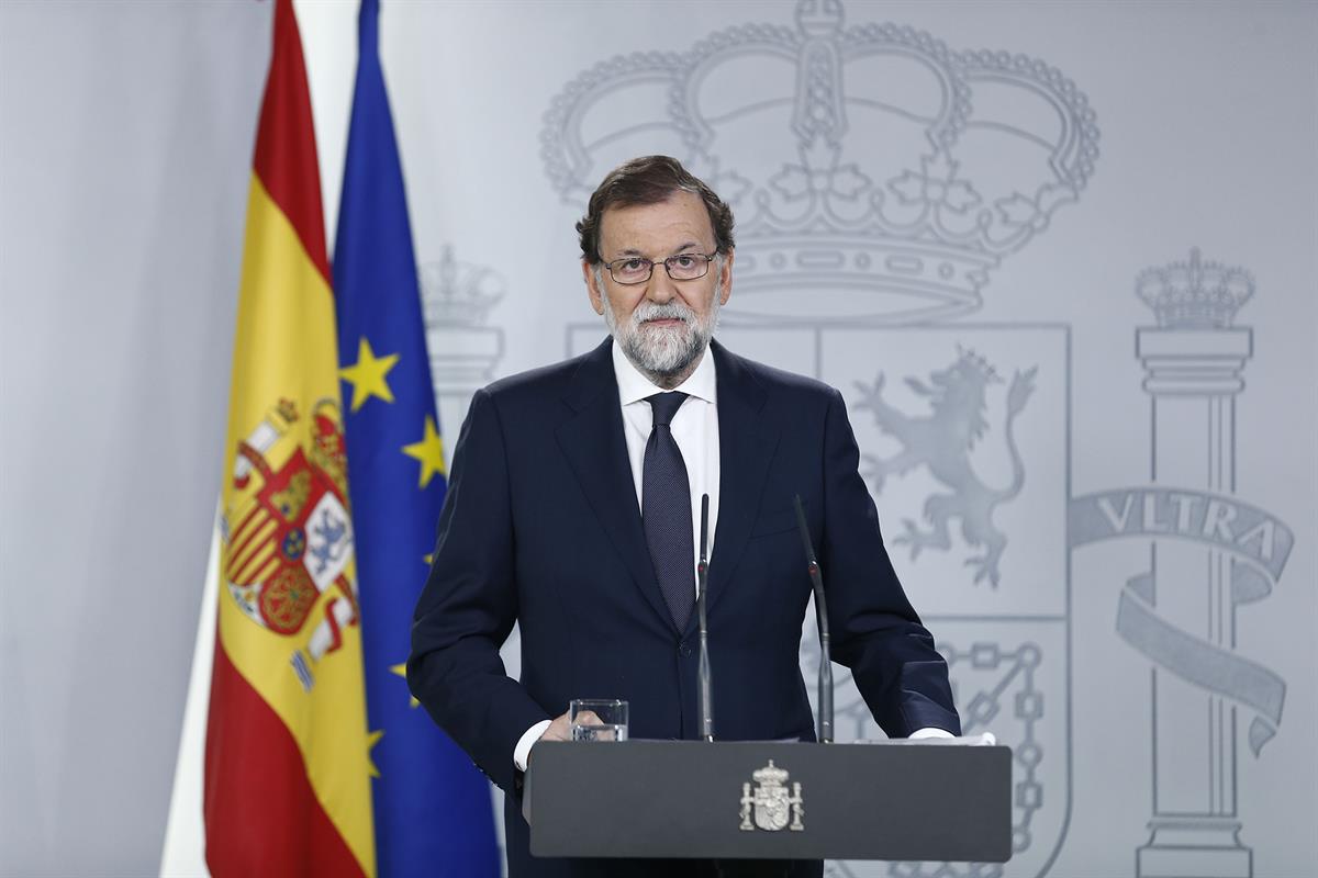 20/09/2017. Comparecencia de Mariano Rajoy. El presidente del Gobierno, Mariano Rajoy, durante su comparecencia en la Moncloa a propósito de...