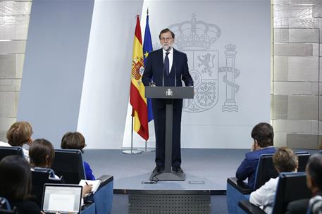 20/09/2017. Comparecencia de Mariano Rajoy. El presidente del Gobierno, Mariano Rajoy, durante su comparecencia en la Moncloa a propósito de...