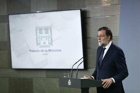20/09/2017. Comparecencia de Mariano Rajoy. El presidente del Gobierno, Mariano Rajoy, durante su comparecencia en la Moncloa a propósito de...
