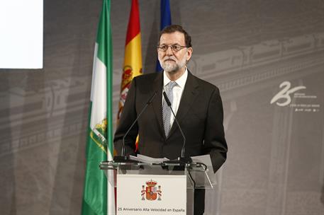 21/04/2017. Rajoy asiste al XXV aniversario del AVE. El presidente del Gobierno, Mariano Rajoy, durante su intervención hoy en el acto conme...