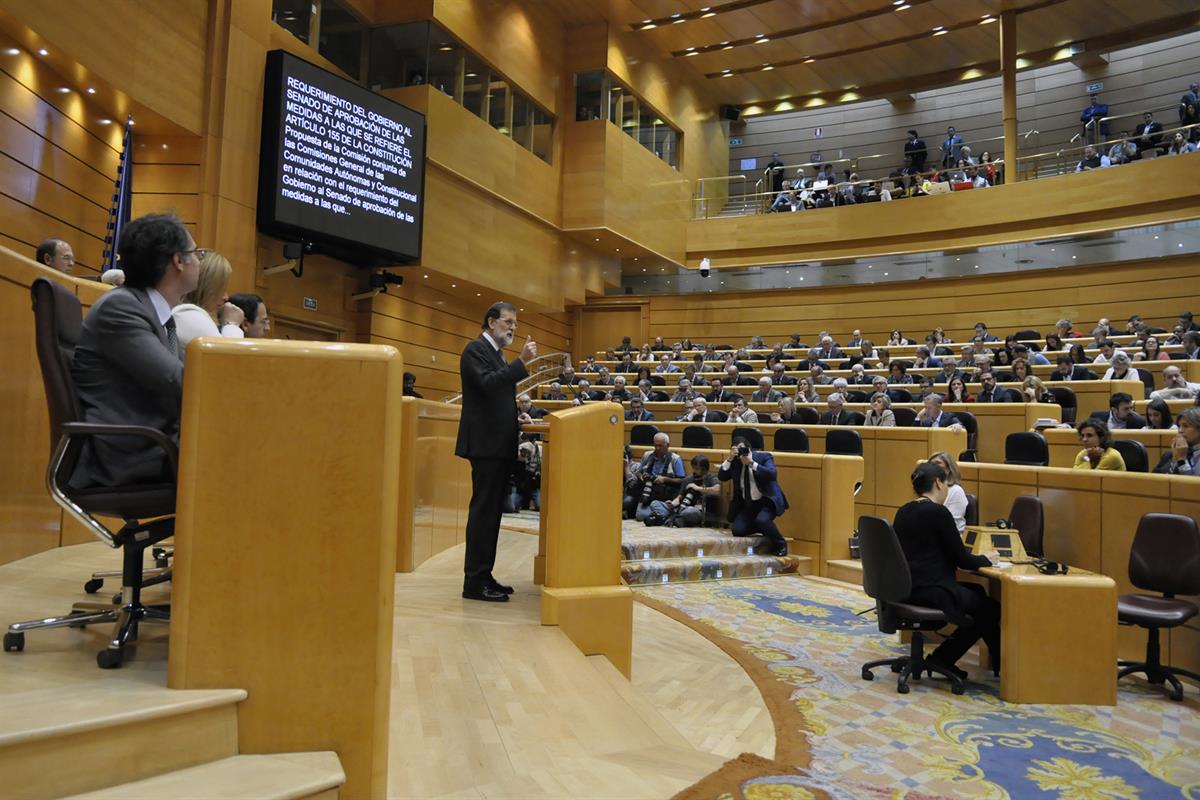 27/10/2017. Rajoy asiste al Pleno del Senado. El presidente del Gobierno, Mariano Rajoy, durante su intervención en el pleno del Senado conv...