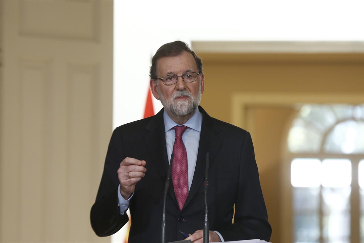 29/12/2017. El presidente del Gobierno hace balance de 2017. El presidente del Gobierno, Mariano Rajoy, durante su intervención en la rueda ...