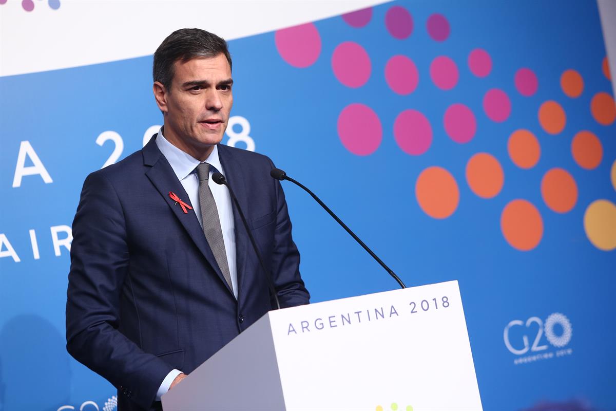 1/12/2018. Cumbre del G20. Rueda de prensa de Sánchez. El presidente del Gobierno, Pedro Sánchez, durante la rueda de prensa ofrecida tras l...