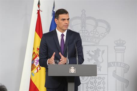 3/08/2018. Conferencia de prensa del presidente del Gobierno. El presidente del Gobierno, Pedro Sánchez, durante la conferencia de prensa of...