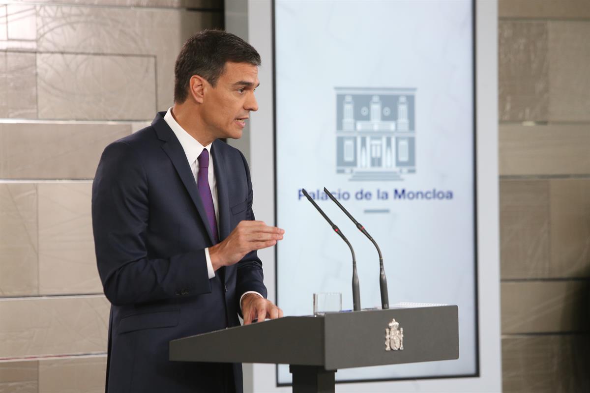 3/08/2018. Conferencia de prensa del presidente del Gobierno. El presidente del Gobierno, Pedro Sánchez, durante la conferencia de prensa of...