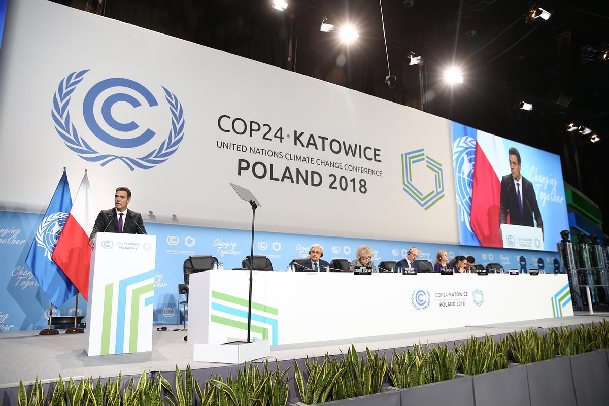 3/12/2018. Pedro Sánchez participa en la Cumbre del Clima COP24. El presidente del Gobierno, Pedro Sánchez, durante su intervención en la Cu...