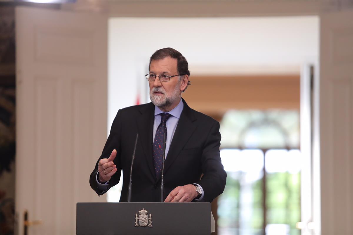 4/05/2018. Declaración institucional tras el anuncio de ETA. El presidente del Gobierno, Mariano Rajoy, durante su comparecencia en La Moncl...