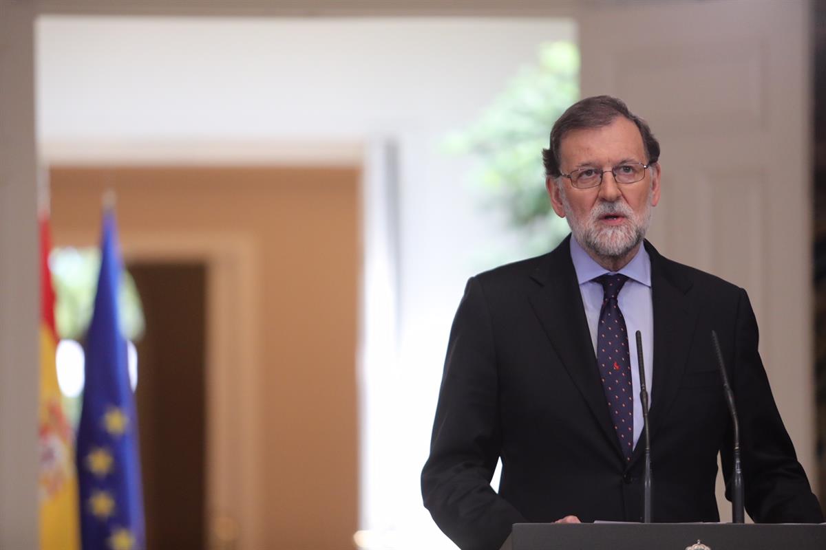 4/05/2018. Declaración institucional tras el anuncio de ETA. El presidente del Gobierno, Mariano Rajoy, durante su comparecencia en La Moncl...