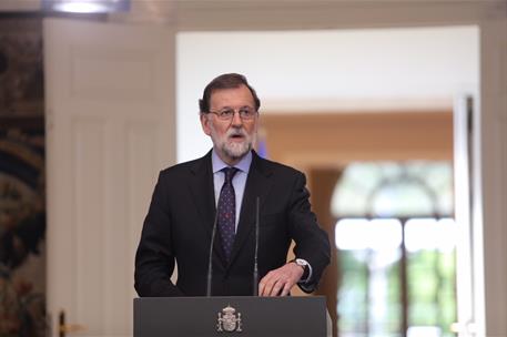 4/05/2018. Declaración institucional tras el anuncio de ETA. El presidente del Gobierno, Mariano Rajoy, durante su comparecencia en La Moncl...