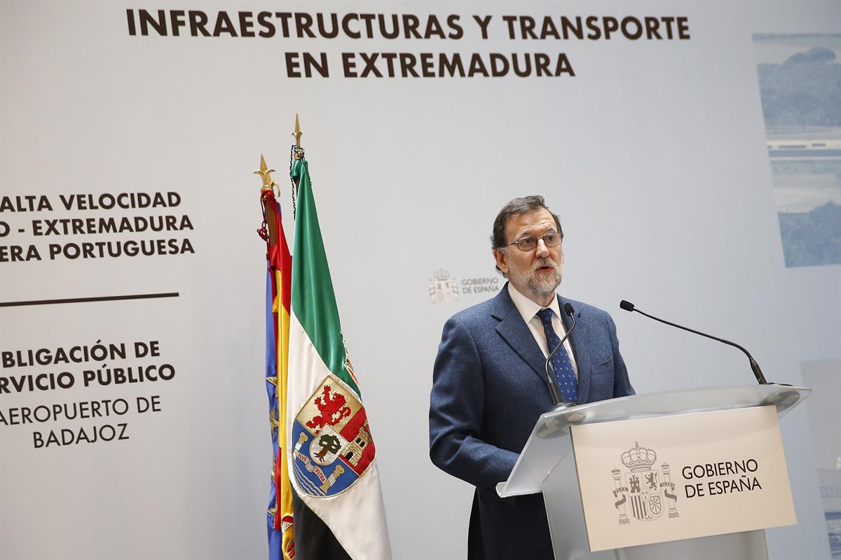 5/03/2018. Rajoy viaja a Badajoz. El presidente del Gobierno, Mariano Rajoy, durante su intervención tras la firma del Protocolo de colabora...