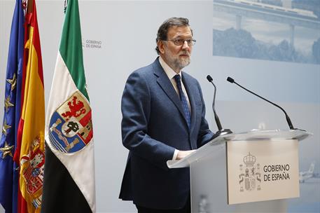 5/03/2018. Rajoy viaja a Badajoz. El presidente del Gobierno, Mariano Rajoy, durante su intervención tras la firma del Protocolo de colabora...