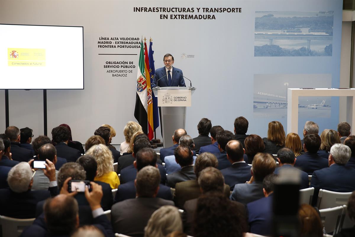 5/03/2018. Rajoy viaja a Badajoz. El presidente del Gobierno, Mariano Rajoy, durante su intervención tras la firma del Protocolo de colabora...