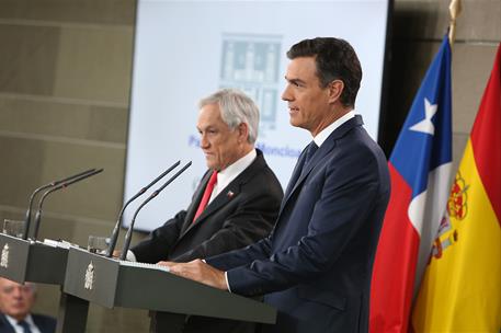9/10/2018. Sánchez recibe al presidente de Chile, Sebastián Piñera. El presidente del Gobierno, Pedro Sánchez, durante la rueda de prensa co...