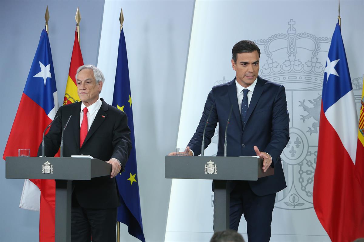 9/10/2018. Sánchez recibe al presidente de Chile, Sebastián Piñera. El presidente del Gobierno, Pedro Sánchez, durante la rueda de prensa co...