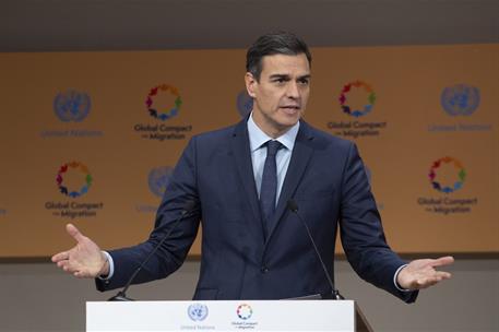 10/12/2018. Pedro Sánchez asiste a la Conferencia Intergubernamental sobre Migraciones. El presidente del Gobierno, Pedro Sánchez, en un mom...