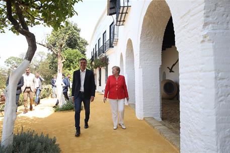 11/08/2018. Pedro Sánchez recibe a Angela Merkel. El presidente del Gobierno, Pedro Sánchez, y la canciller alemana, Angela Merkel, durante ...