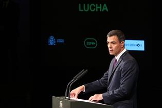 El presidente del Gobierno, Pedro Sánchez, durante su intervención en el acto Avanzamos, cien días de gobierno