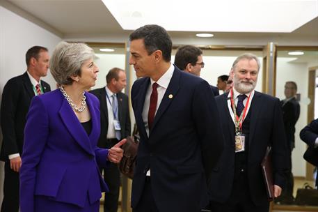 18/10/2018. Encuentro entre Pedro Sánchez y Theresa May. El presidente del Gobierno, Pedro Sánchez, y la primera ministra de Gran Bretaña, T...