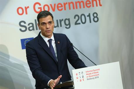 20/09/2018. Pedro Sánchez asiste al Consejo Europeo Extraordinario. El presidente del Gobierno, Pedro Sánchez, durante la rueda de prensa qu...