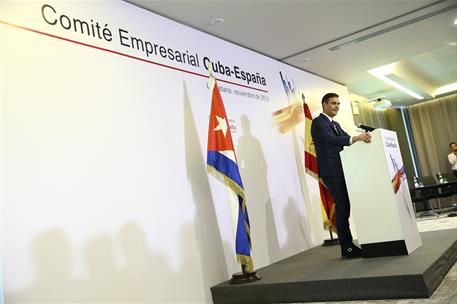 23/11/2018. Viaje del presidente Sánchez a Cuba. Encuentro con empresarios. El presidente del Gobierno, Pedro Sánchez, durante su intervenci...