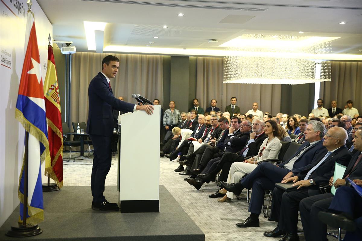 23/11/2018. Viaje del presidente a Cuba. Encuentro con empresarios. El presidente del Gobierno, Pedro Sánchez, durante su intervención en el...