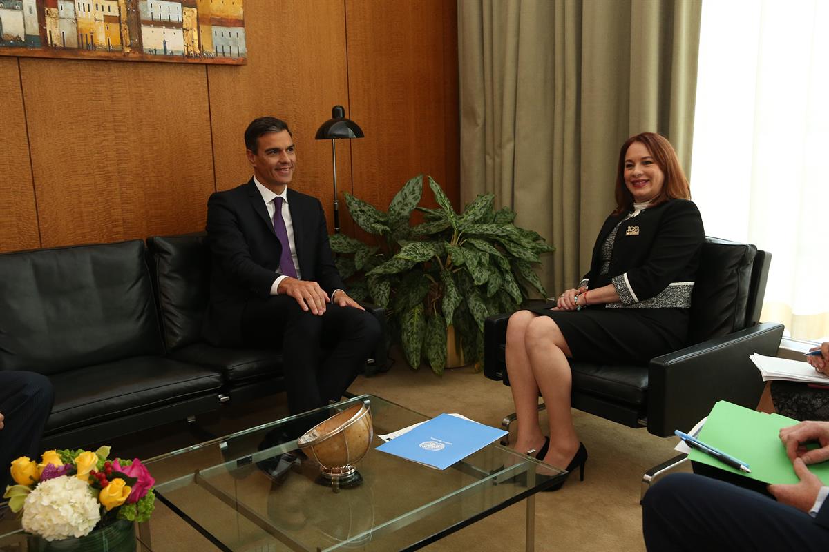 24/09/2018. El presidente Sánchez en Naciones Unidas. El presidente del Gobierno, Pedro Sánchez, durante la reunión que ha mantenido con la ...