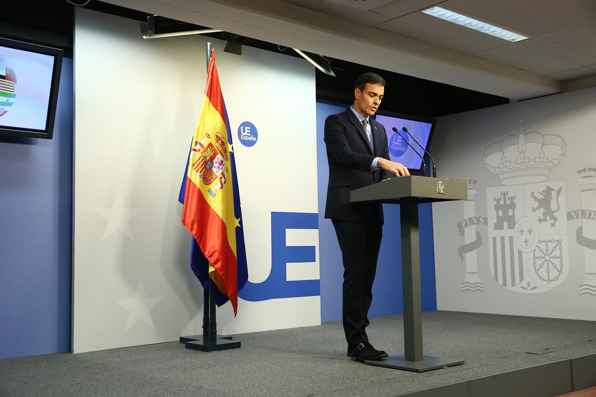 25/11/2018. Consejo extraordinario. El presidente del Gobierno, Pedro Sánchez, durante su intervención tras el Consejo Europeo extraordinari...